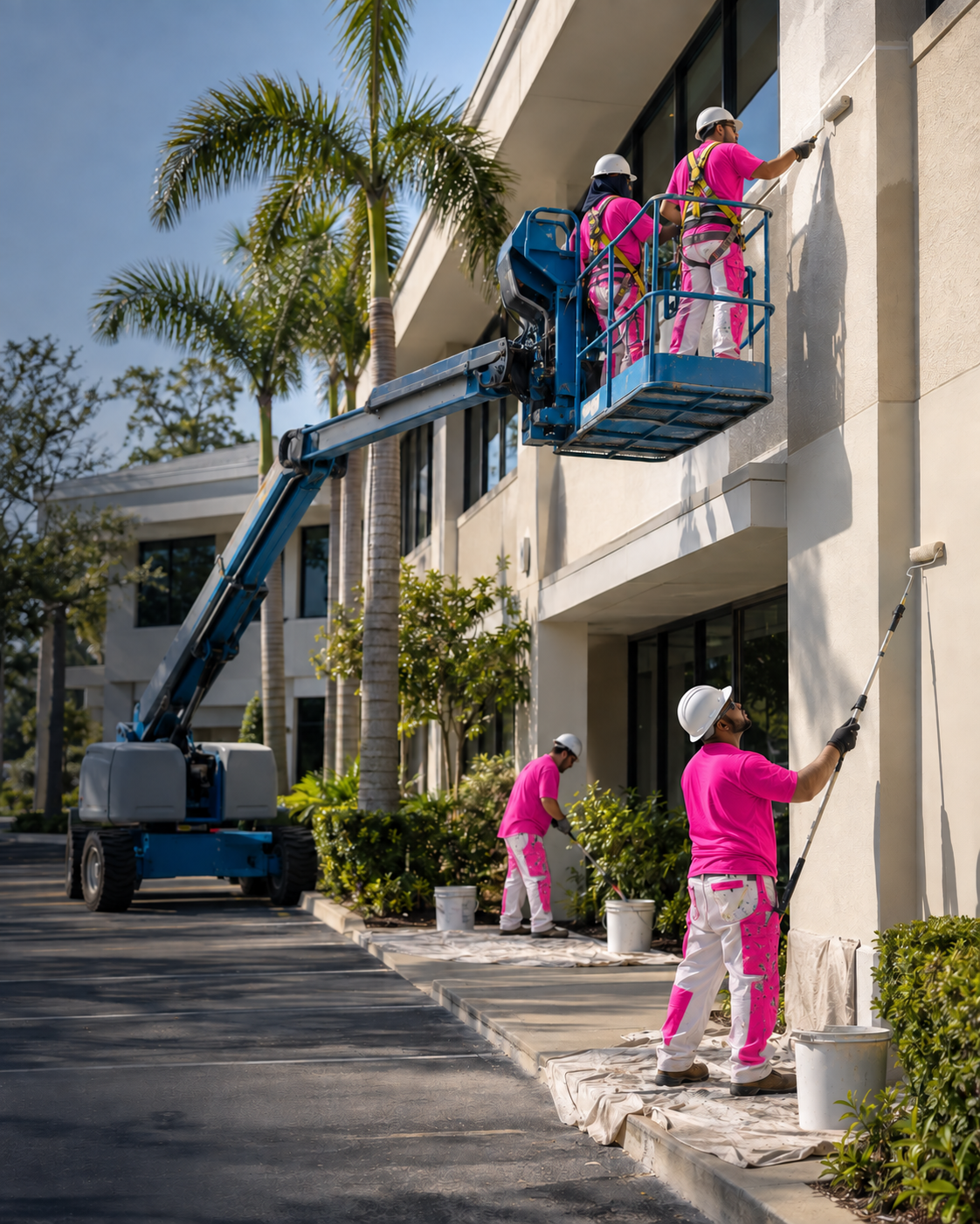 Illustrative concept showing a professional painting crew working on a commercial building in Florida.